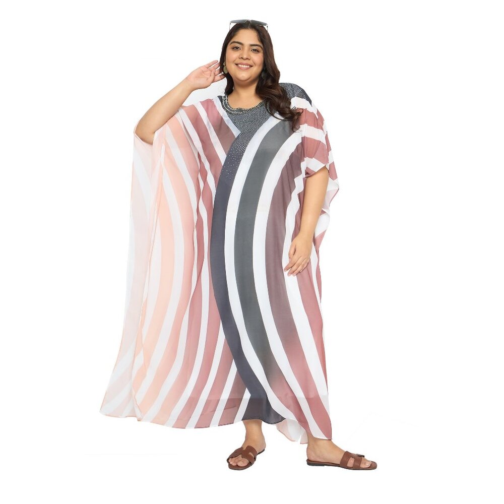 Georgette Plus Size Caftan Dress Stylish Round Neck with Rhinestones Maxi Dress